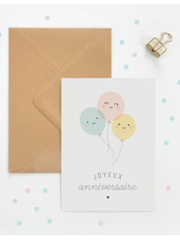 Carte double Joyeux anniversaire ballons enveloppe kraft