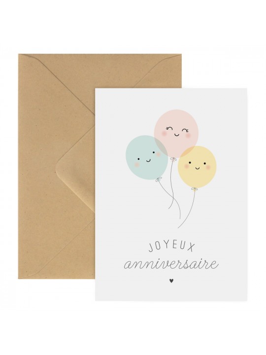 Carte double Joyeux anniversaire ballons enveloppe kraft
