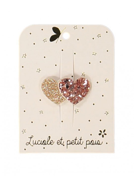 Mini barrette bébé double coeur paillettes rose