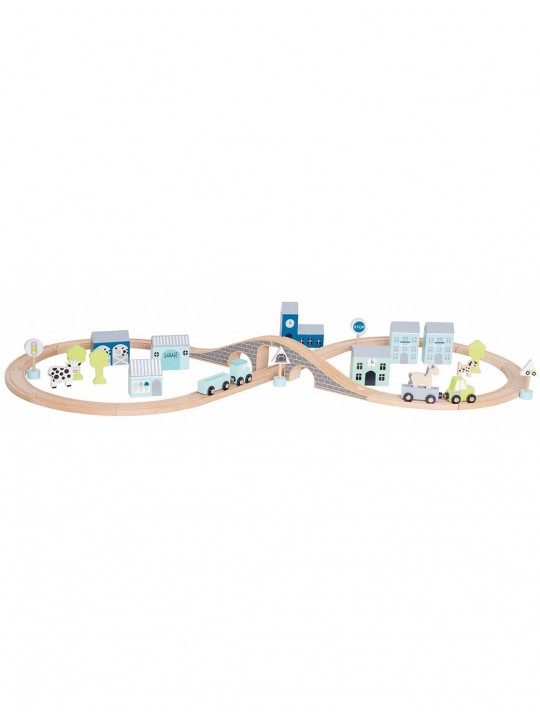 Circuit voiture bleu en bois 37 pièces