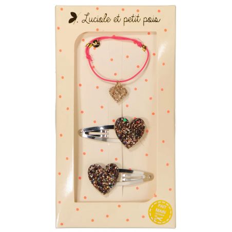 Coffret barrettes & bracelet | Cœur bronze